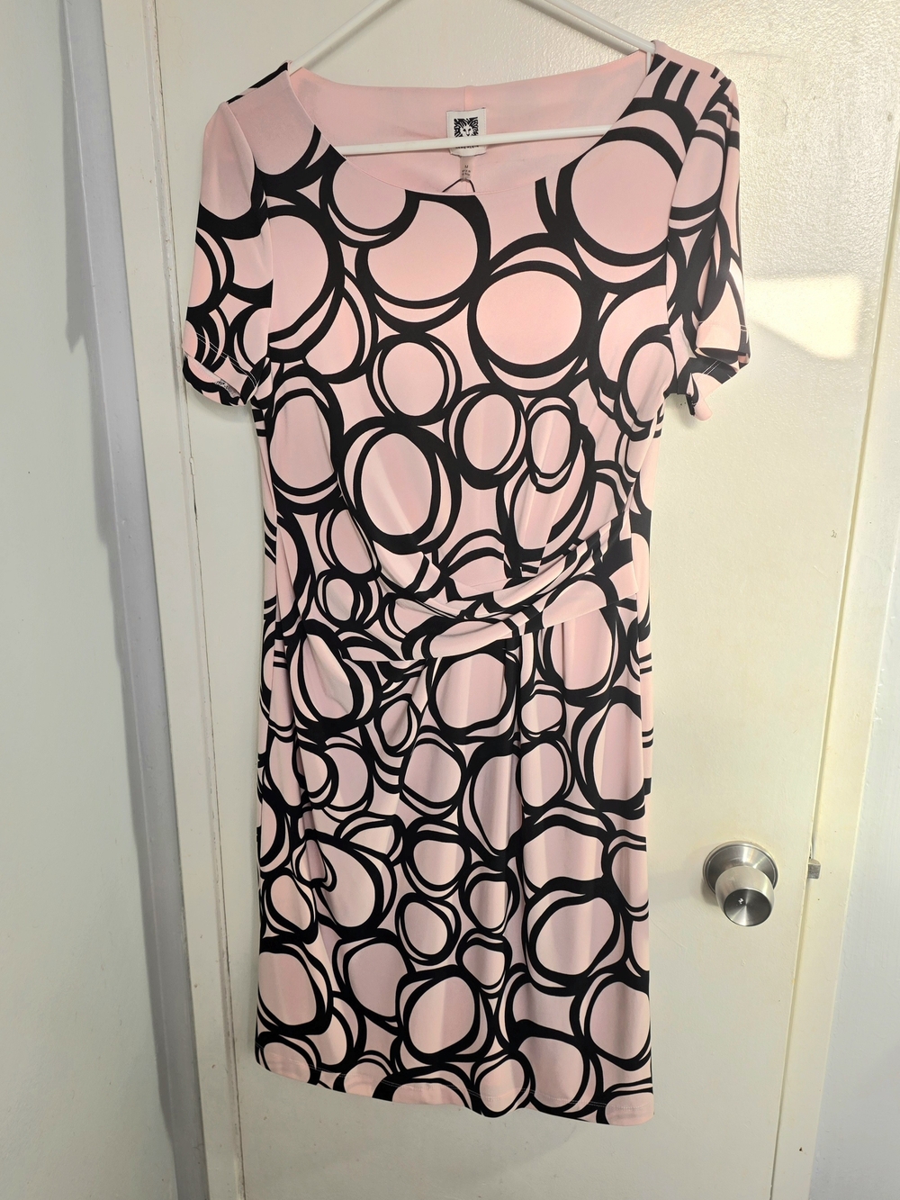 Anne Klein Pink and Black Circle-Print Short Sleeve Dress